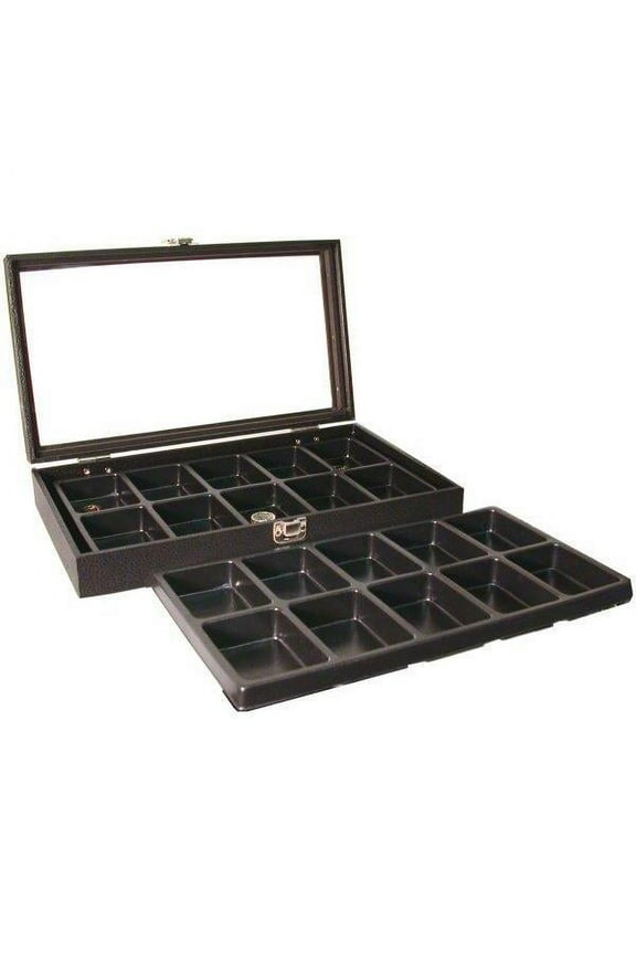 Glass Top Pocket Watch Black Display 20 Slot Tray Case