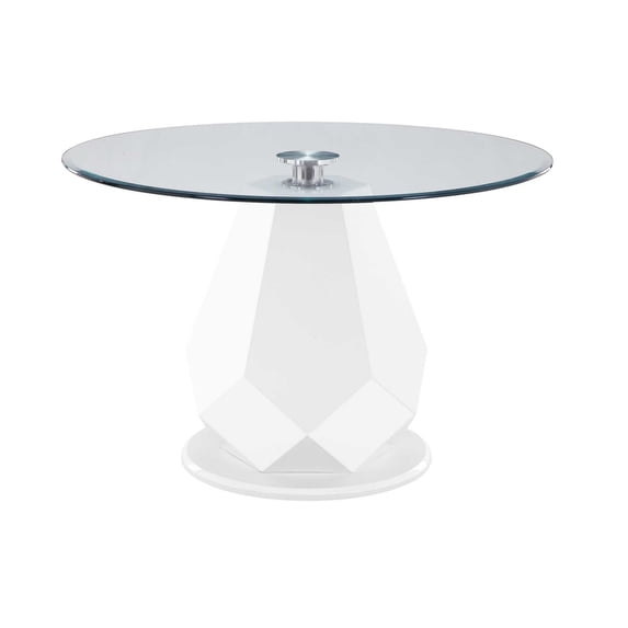 Glass Top Round Dining Table with Geometric Pedestal Base, White-Saltoro Sherpi