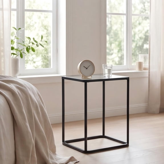 Glass Top Side Table Metal Frame Rectangle End Table for Small Spaces Easy Assembly 15.75x11.81x20.87 Inches