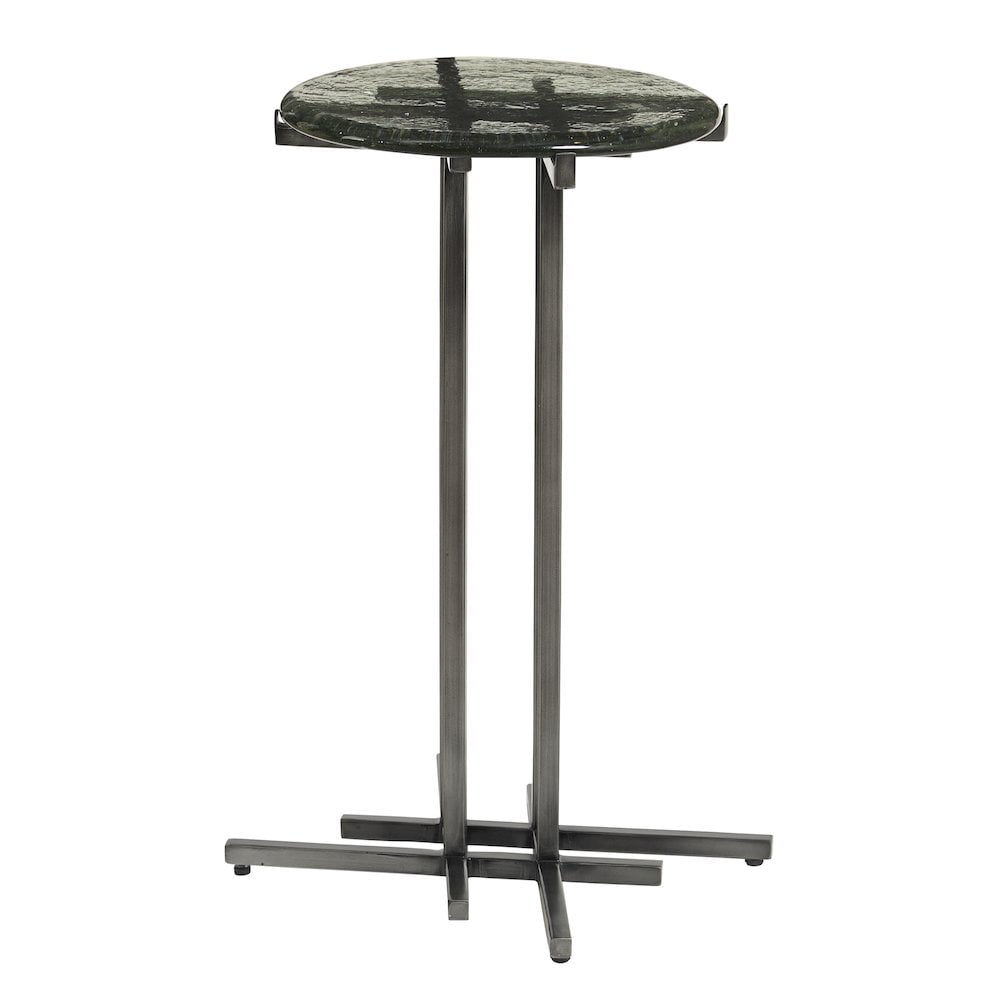 Round Black Glass Top Metal Pedestal Accent Table