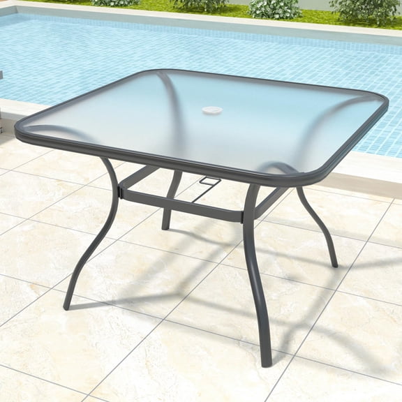 Glass Top Square Outdoor Bistro Table With Curved Metal Legs, 27.5 Inch