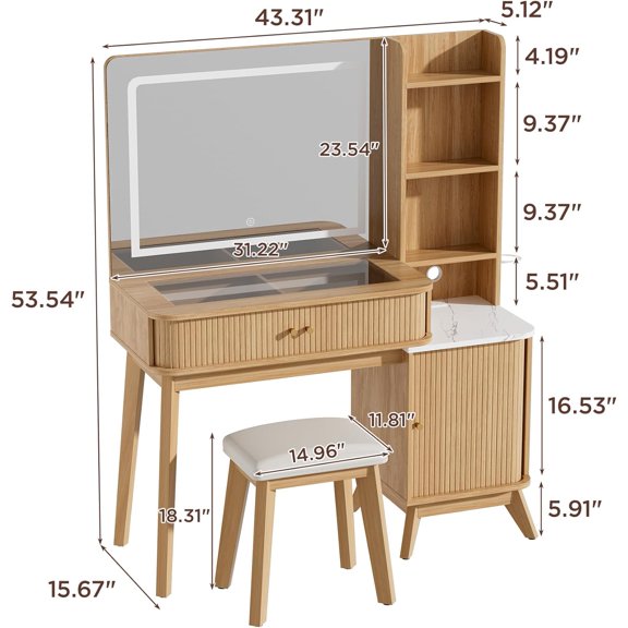 Glass Top Vanity Desk with Large Mirror and Lights, Makeup Vanity Table with Stool and Charging Station, Vanity Table with 2 Drawers and a Cabinet with Sliding  for Bedroom, Natural Oak