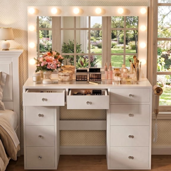Vanity Table with Mirror and Lights, 11 Drawers Makeup Dressing Table with Power Outlet and Glass Top for Bedroom