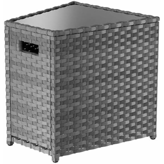 Glass Top Wicker Patio Side Table, Trapezoid PE Rattan End Table with Storage Outdoor Patio Furniture Table 20 inches high x 20 inches Wide 12 inches deep$$Garden & Patio