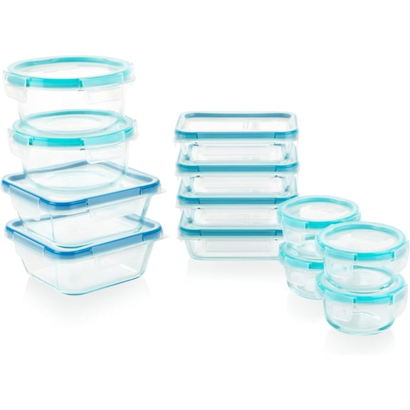 Glass Total Solutions (12-Pack) Food Storage Containers Set, (1, 2 & 4 Cup), Airtight & Leakproof Plastic Locking BPA-Free Lids, Freezer Dishwasher Microwave Safe