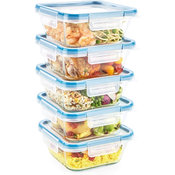 Glass Total Solutions (5-Pack, 4 Cup) Food Storage Containers Set, Airtight & Leakproof Plastic Locking BPA-Free Lids, Freezer Dishwasher Microwave Safe