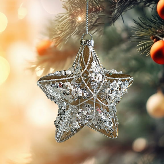 Glass Transparent Christmas Ball with White Rhinestone and Glitter Snowflake Decoration, 9cm Hanging Ornament for Holiday Tree and Festive Decor