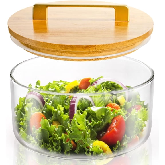 Glass Trifle Bowl, 8 Inch Clear Salad Bowl with Bamboo Lid, 85 Oz Large Dessert Serving Container for Party, Salad, Fruit, Ice Cream, Cake, Microwave Dishwasher Safe