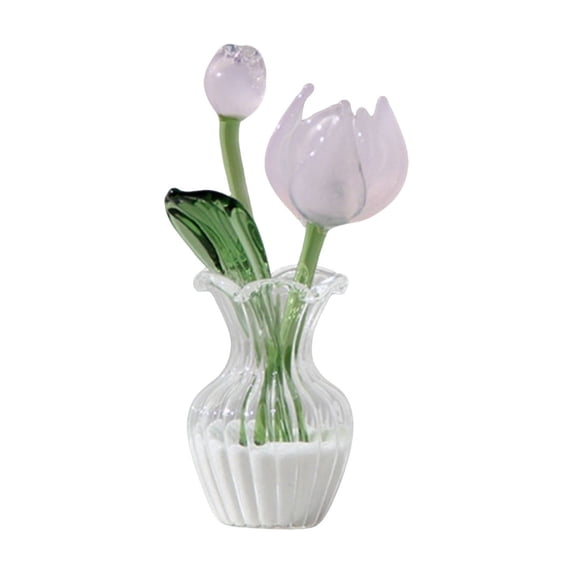 Glass Tulip Flower Figurine, Hand Blown Art Glass Flower Vase, Crystal Flower Ornament Sculpture, Mini Glass Floral Bouquet Statue for Home Office Desktop Decor