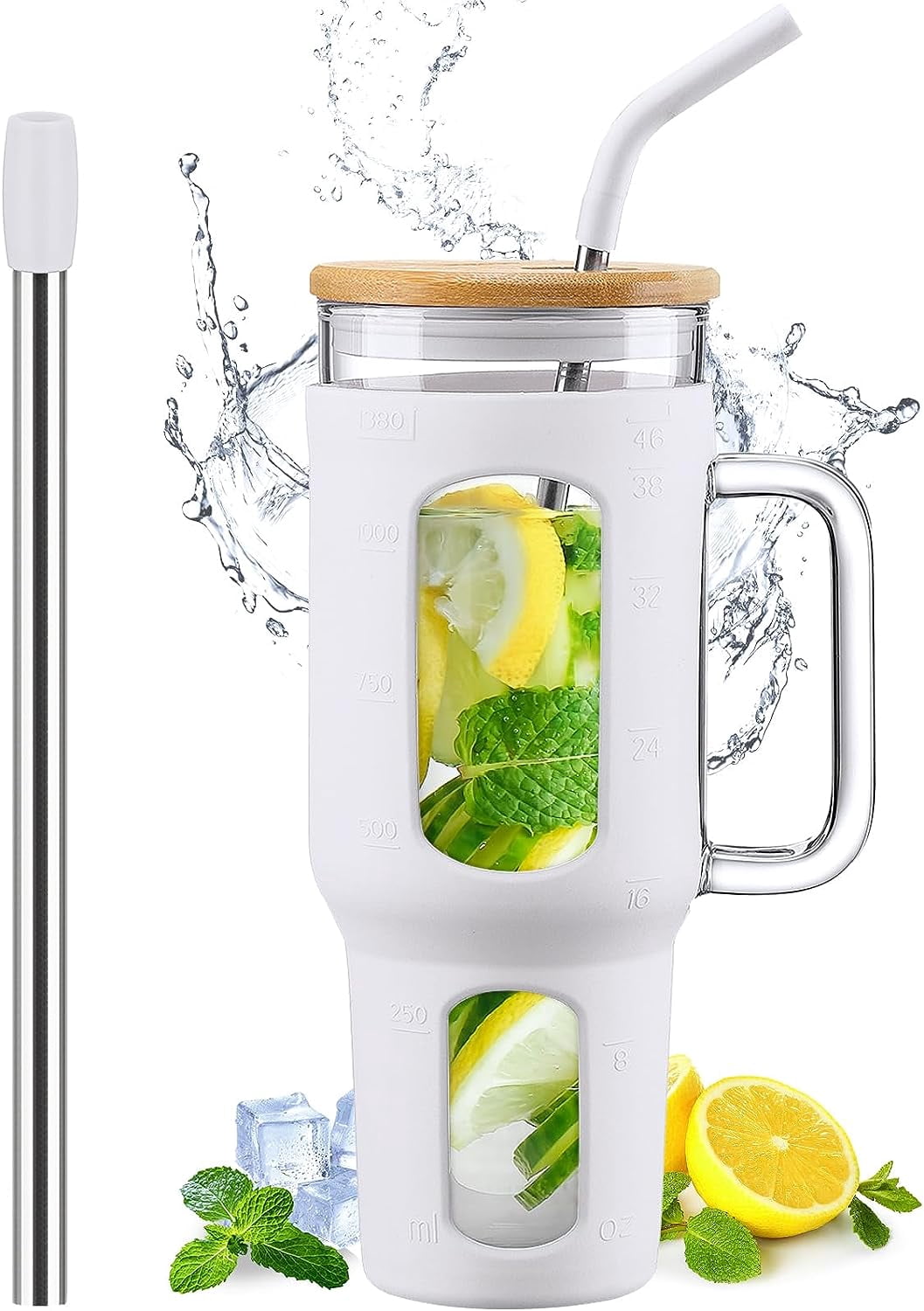 Glass Tumbler with Lid and Straw, 46 oz Iced Coffee Cup with Handle ...