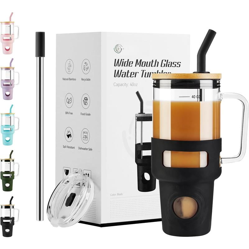 Glass Tumbler with Straw and Lid, 32oz Iced Coffee Tumbler with Handle ...