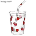 thumbnail image 1 of Glass Tumbler with Strawberry Pattern 16 oz, Cold Drink Cup with Lid and Straw, Heat Resistant Clear Juice Glass, Cute Fruit Design Drinking Cup for Summer Beverages, 1 of 5