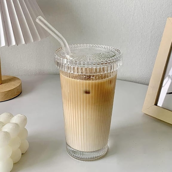 Glass Tumbler Stripe Glass Cup Coffee Cup With Lid and Straw DON'T SECURE 12.5 oz Drinking Glasses for Water,Iced Coffee,Milk,,Juice (A-Stripe)