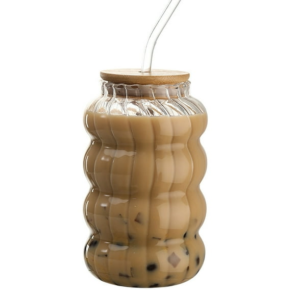 Glass Tumbler Stripe Vintage Drinking Glass Cup Coffee Cup With Lid and Straw Drinking Glasses for Water,Iced Coffee,Milk,Tea,Juice