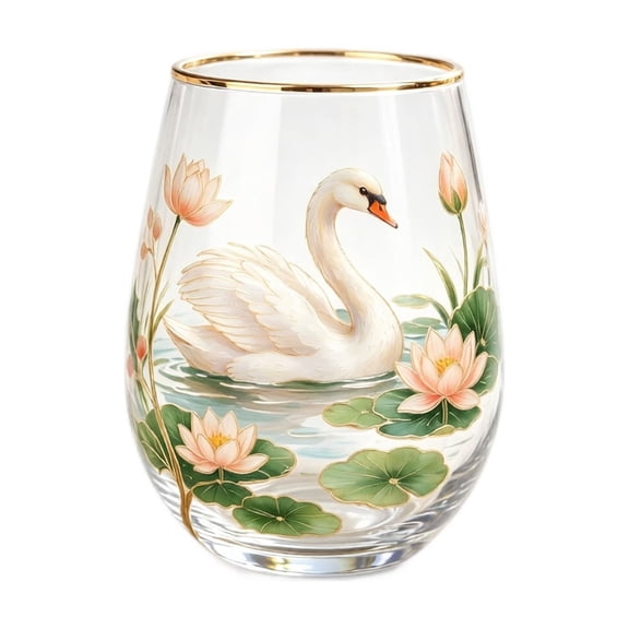 Glass Tumbler for Drinks Elegant Drinkware with Swan Print Gold Rim Glass Housewarming Gift for Hostess Table Decor