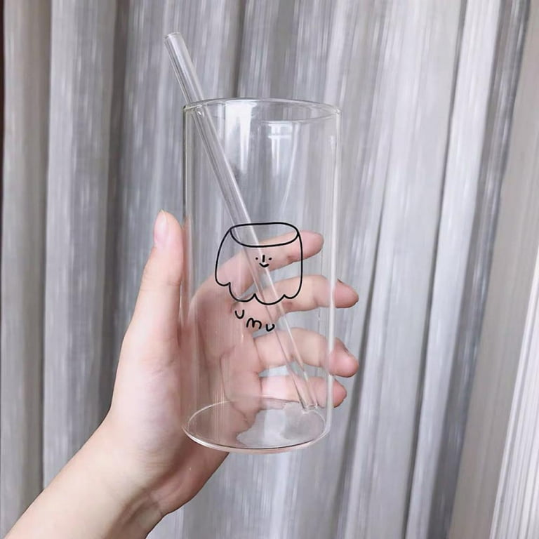 Glass Tumbler with Straw 13.5oz, Cute Glass Water Bottle Glass Cup