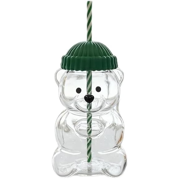 Glass Tumbler with Straw and Lid, 17oz Cute Bear Shape Cup for Iced Coffee & Tea