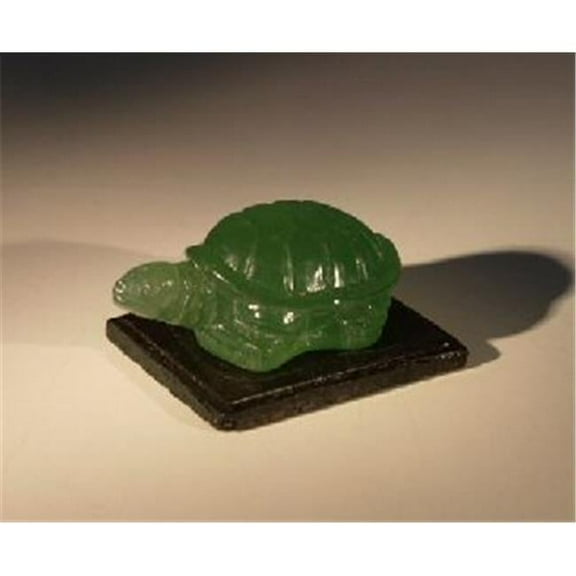 Glass Turtle Figurine with Wooden Stand, Green