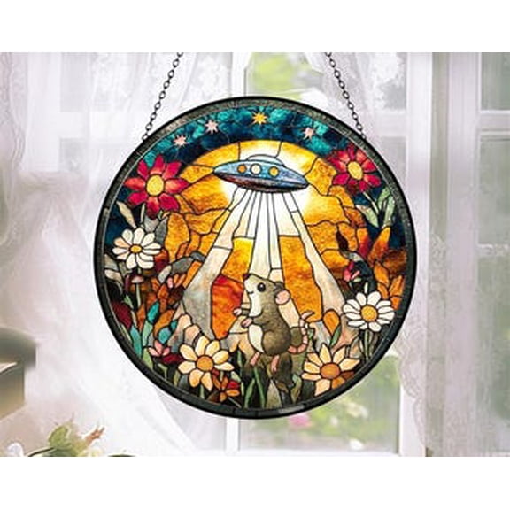Glass UFO Opossum Suncatcher, Alien Abduction Art, 3.5 in
