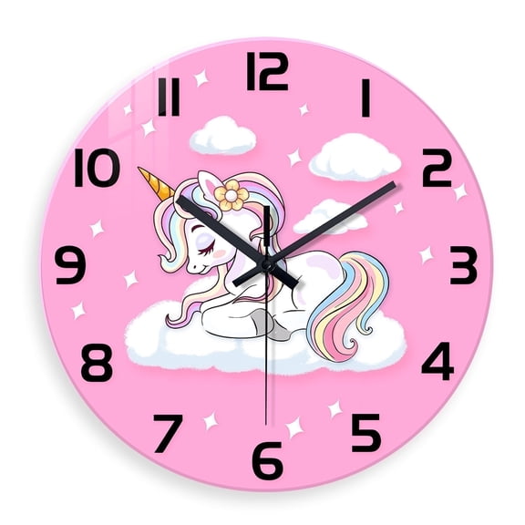 Glass Unicorn Wall Decor - Silent Wall Clock Battery Operated 14 Inch - Pink Clock for Kids Bedroom