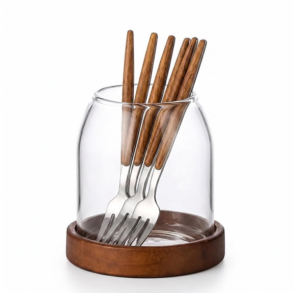 Glass Utensil Holder With Wooden Base,Fork And Spoon Set With Wood Handles,Cutlery Caddy For Kitchen Afternoon Tea Ice Cream Cake Stainless Steel.