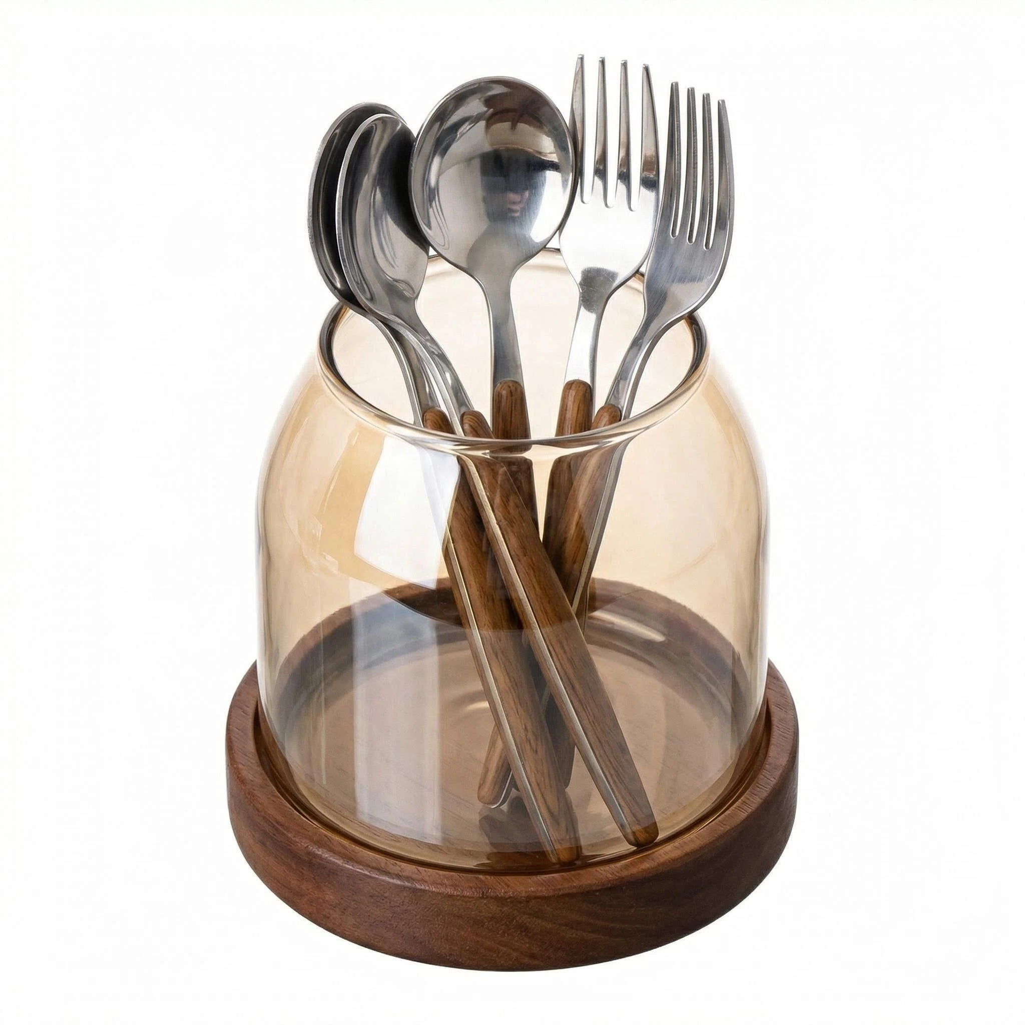 Glass Utensil Holder With Wooden Base,Fork And Spoon Set With Wood Handles,Cutlery Caddy For Kitchen Afternoon Tea Ice Cream Cake Stainless Steel