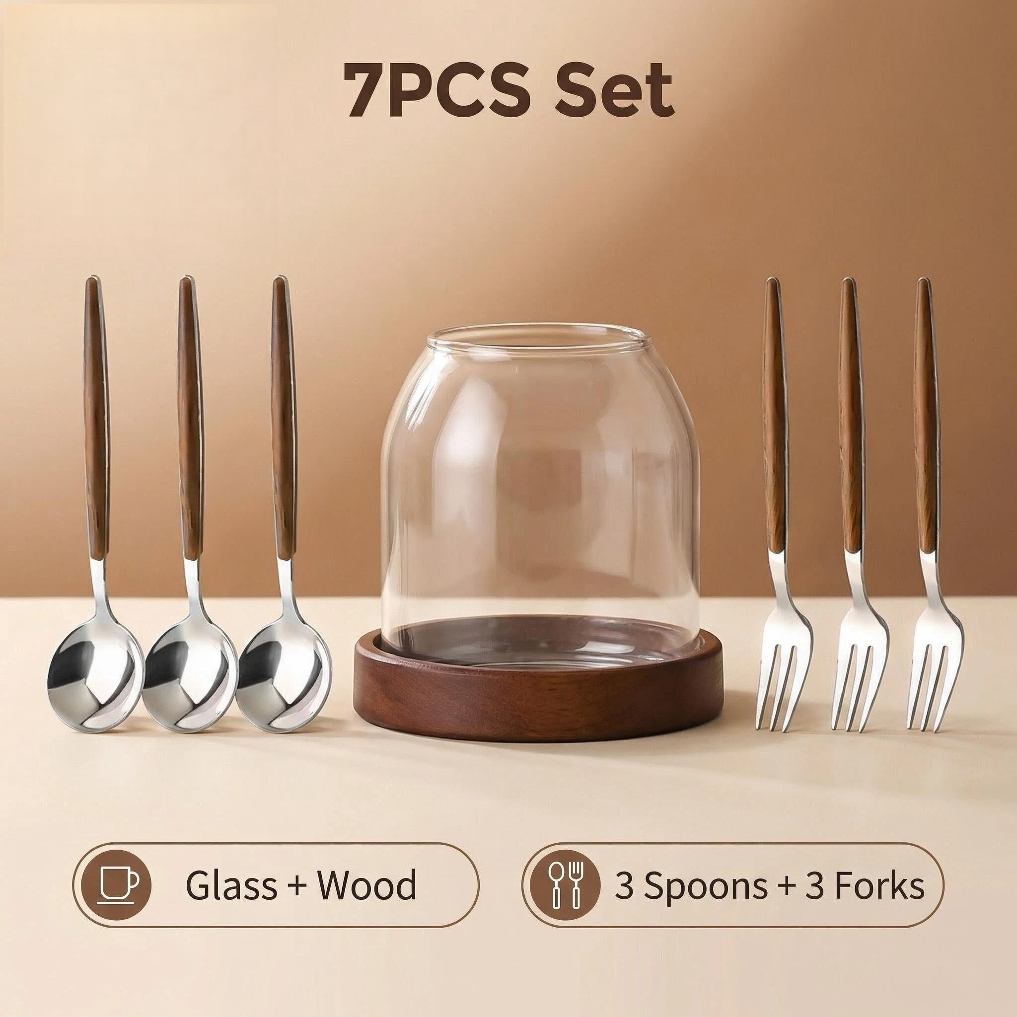 Glass Utensil Holder With Wooden Base,Fork And Spoon Set With Wood Handles,Cutlery Caddy For Kitchen Afternoon Tea Ice Cream Cake Stainless Steel