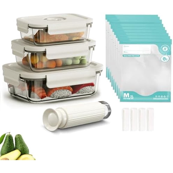 Glass Vacuum Seal Containers for Food Storage, Set of 3 Borosilicate Glass Sealer Containers & 10 Reusable Food Saver Sealer Bag, For Freezer, Storage, Sous Vide, Meal Prep | Rectangle