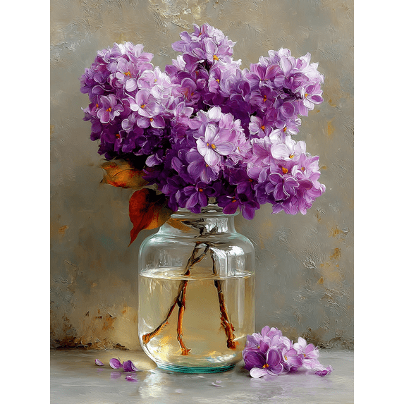 Glass Vase Lilac Bloom Canvas Wall Art, Soft Beige Background Floral Print, Timeless Home Wall Decor