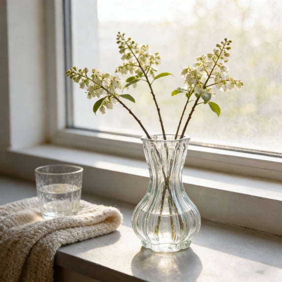 Glass Vase Small Clear Decorative Flower Vase for Home Decor Table Centerpiece Living Room Office Buds Display Stylish Ribbed Glass for Floral Arrangements Dried Flowers Hydroponic Plants Reusable
