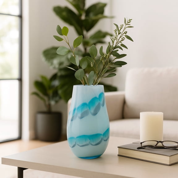 Decorative Glass Vase for Living Room Decor - Coastal Flower Vase for House, Bedroom, or Office Bookcase Display - Home Decor Accent for Dining Room Table or Bathroom Styling - 12", Blue
