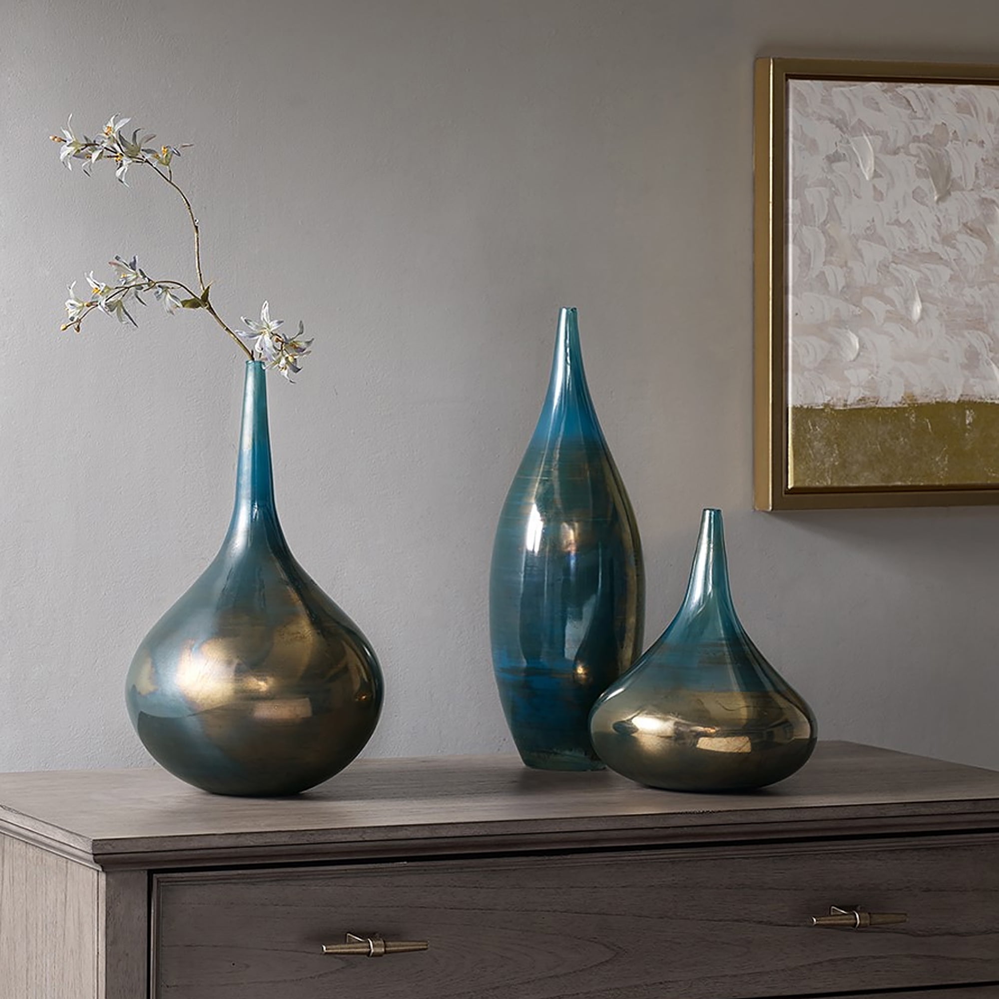Aurora Blue and Bronze Polished Glass Vase Set of 3
