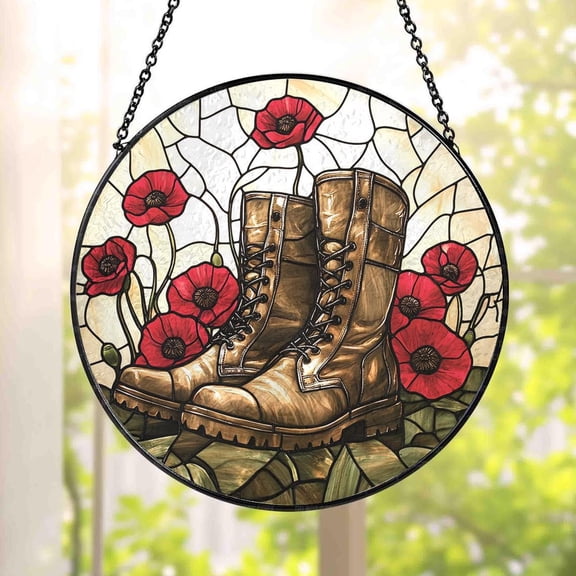 Glass Veteran Boots Suncatcher, Veteran Poppy Flowers Windows Hanging Suncatcher, Soldier Light Catcher Veteran Gift Td-0522-Hf9G, Suncatcher Window Hanging, 3.5 in