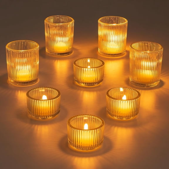 Glasseam Set of 8 Glass Votive Tealight Candle Holder: Small Clear Tea Light Holders Decorative Ribbed Tea Lights Holder for Table Centerpiece Wedding Christmas Dining Room Mantle Decor