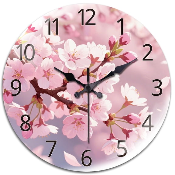 Glass Wall Clock for Home Living Room Bedroom Decoration March Cherry Blossom 300x300mm