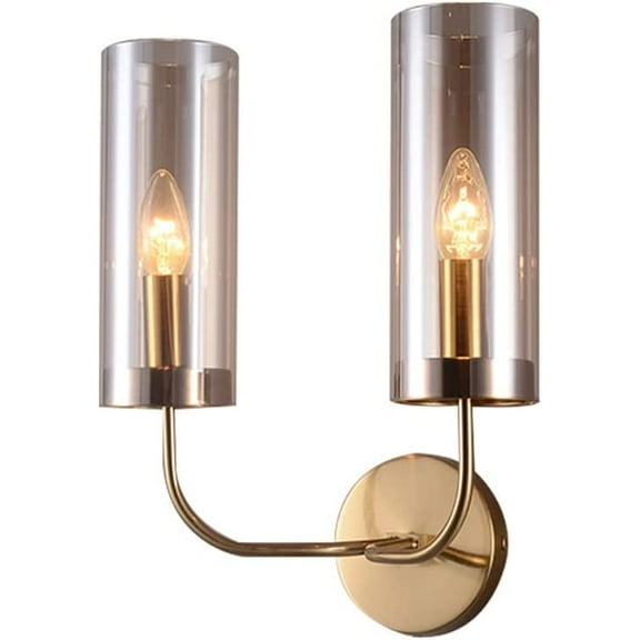 Glass Wall Sconce Dual Head Gold Wall Light, Modern Double Heads Indoor Lighting Fixture, E14 Flush Mount Wall Lamps for Loft Bar Kitchen Lamp Bedroom Vanity Mirror