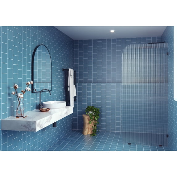 Glass Warehouse 34" x 78" Frameless Shower Door - Single Fixed Panel Fluted Frosted Radius Matte Black 34 Inch - Right Matte