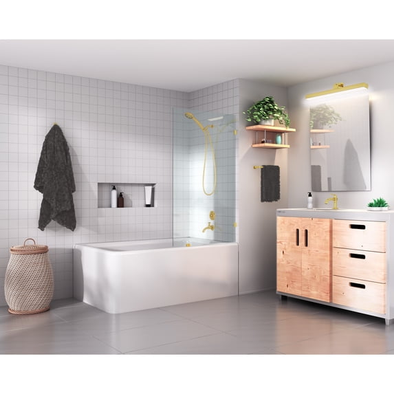 Glass Warehouse 58.25" x 28.5" Frameless Shower Bath Fixed Panel Polished Brass Brass Finish
