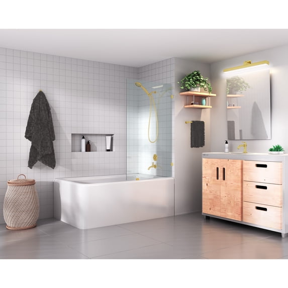 Glass Warehouse 58.25" x 32" Frameless Shower Bath Fixed Panel Polished Brass Brass Finish