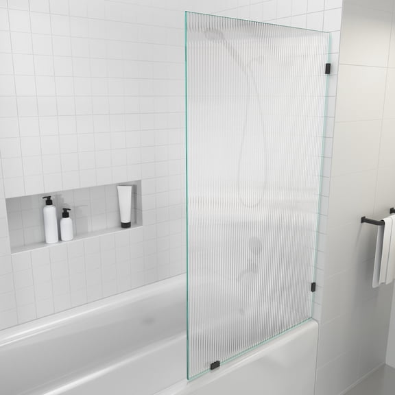 Glass Warehouse 58.25" x 34" Frameless Shower Door - Single Fixed Bath Panel Fluted Frosted Matte Black Matte