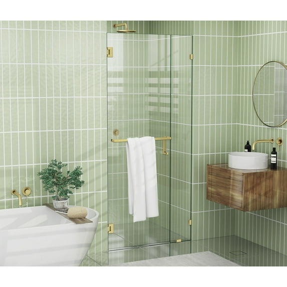 Glass Warehouse 78" x 33.5" Frameless Towel Bar Shower Door - Wall Hinge Satin Brass Satin