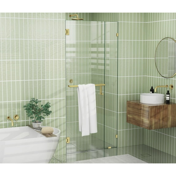 Glass Warehouse 78" x 38.25" Frameless Towel Bar Shower Door- Wall Hinge Satin Brass Satin