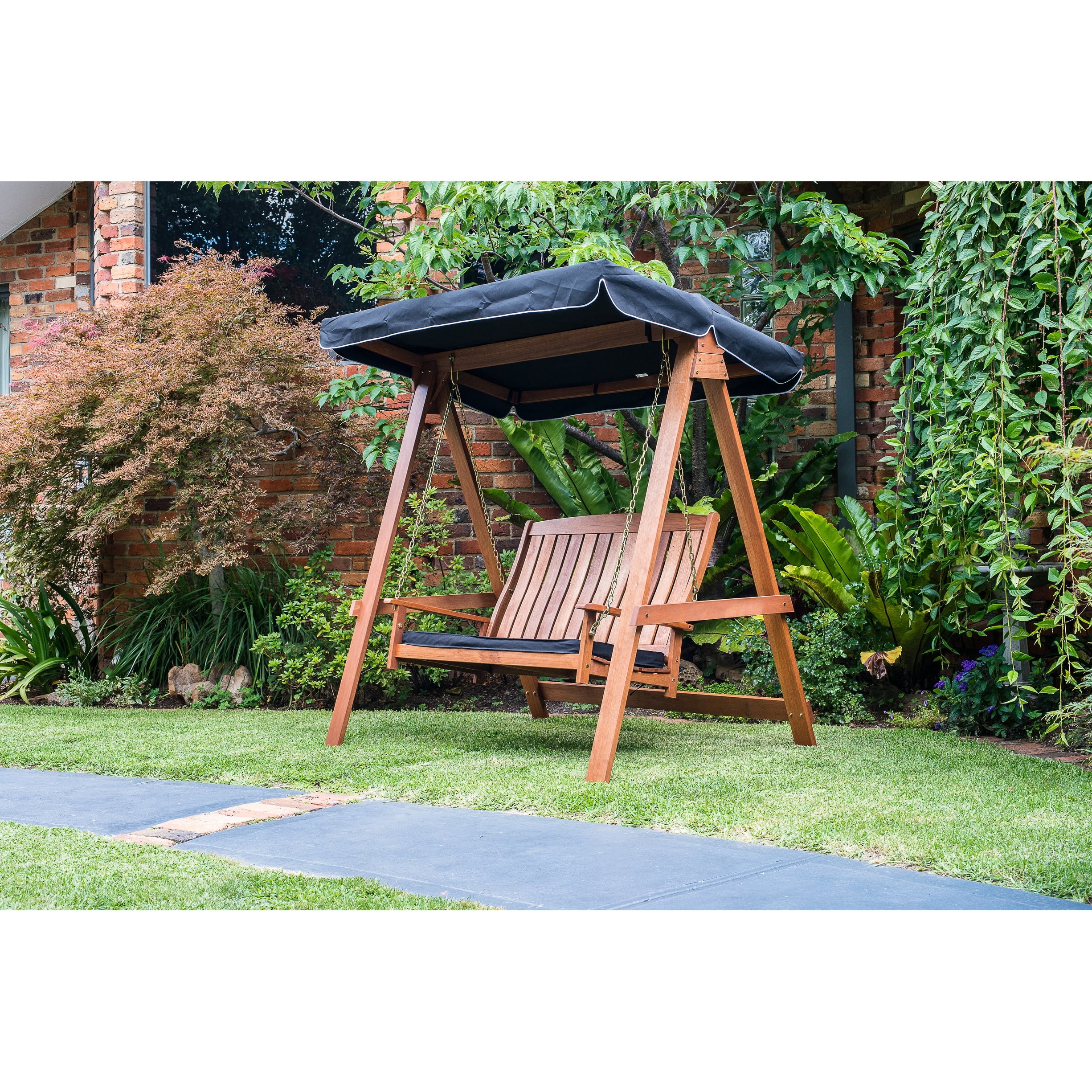 Avoca Brown Shorea Wood 2 Seat Porch Swing with Black Canopy
