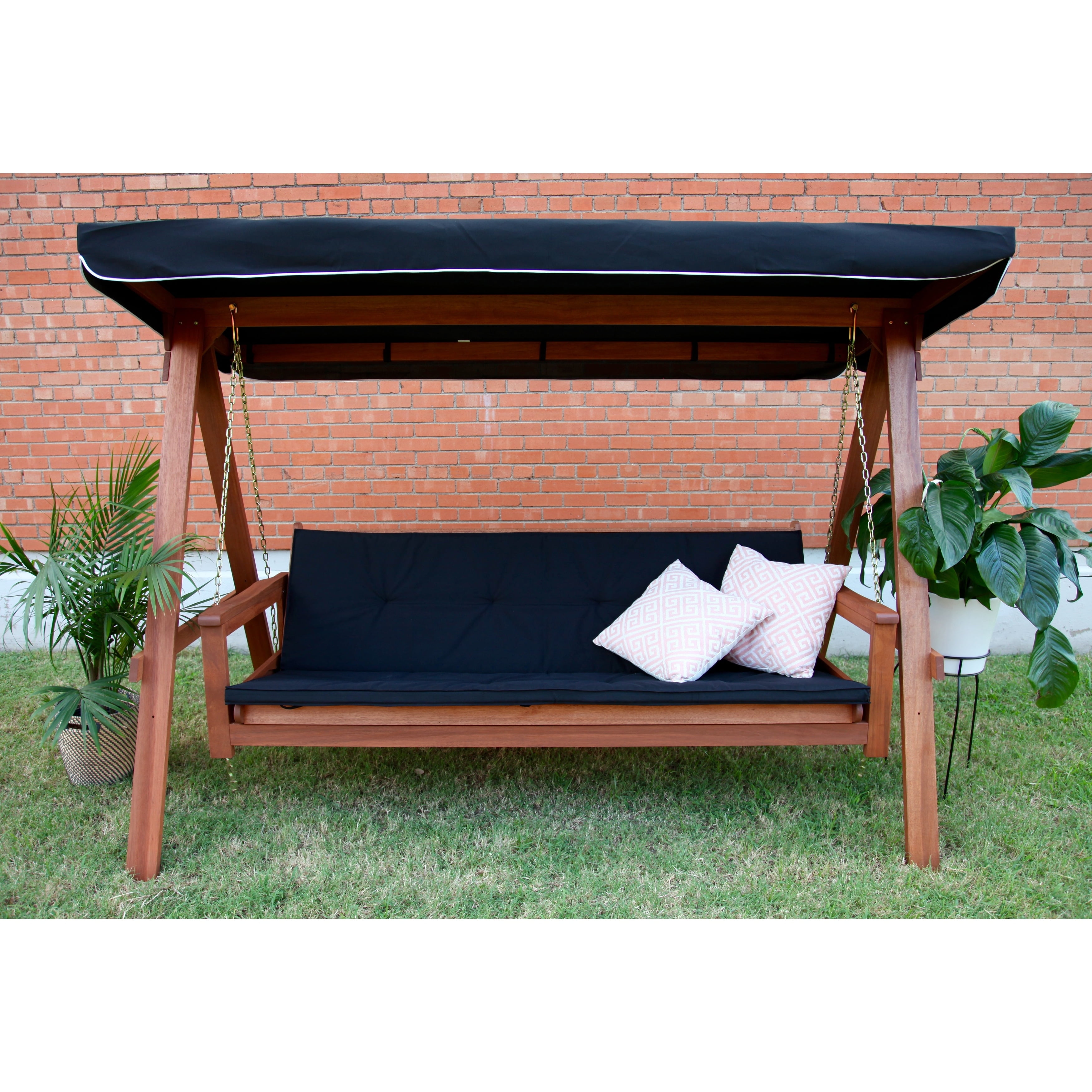 Avoca Natural Shorea Wood 3-Seat Swing Daybed with Black Canopy