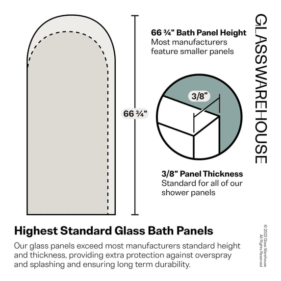 Glass Warehouse Maven 34 in. x 66.75 in. Single Fixed Frameless Arched Bathtub Panel Polished Brass Brass Finish