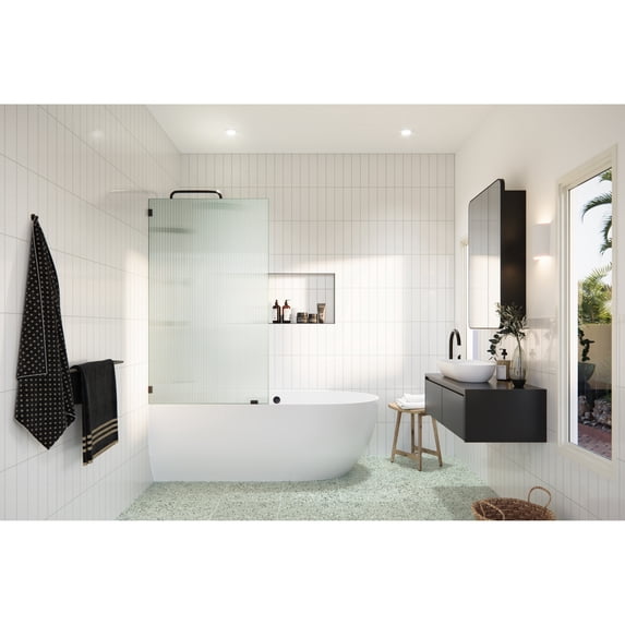 Glass Warehouse Gaia 30 in. x 58.25 in. Single Fixed Frameless Fluted Frosted Bath Panel Shower Tub Door Oil Rubbed Bronze Oil Rubbed Bronze Finish