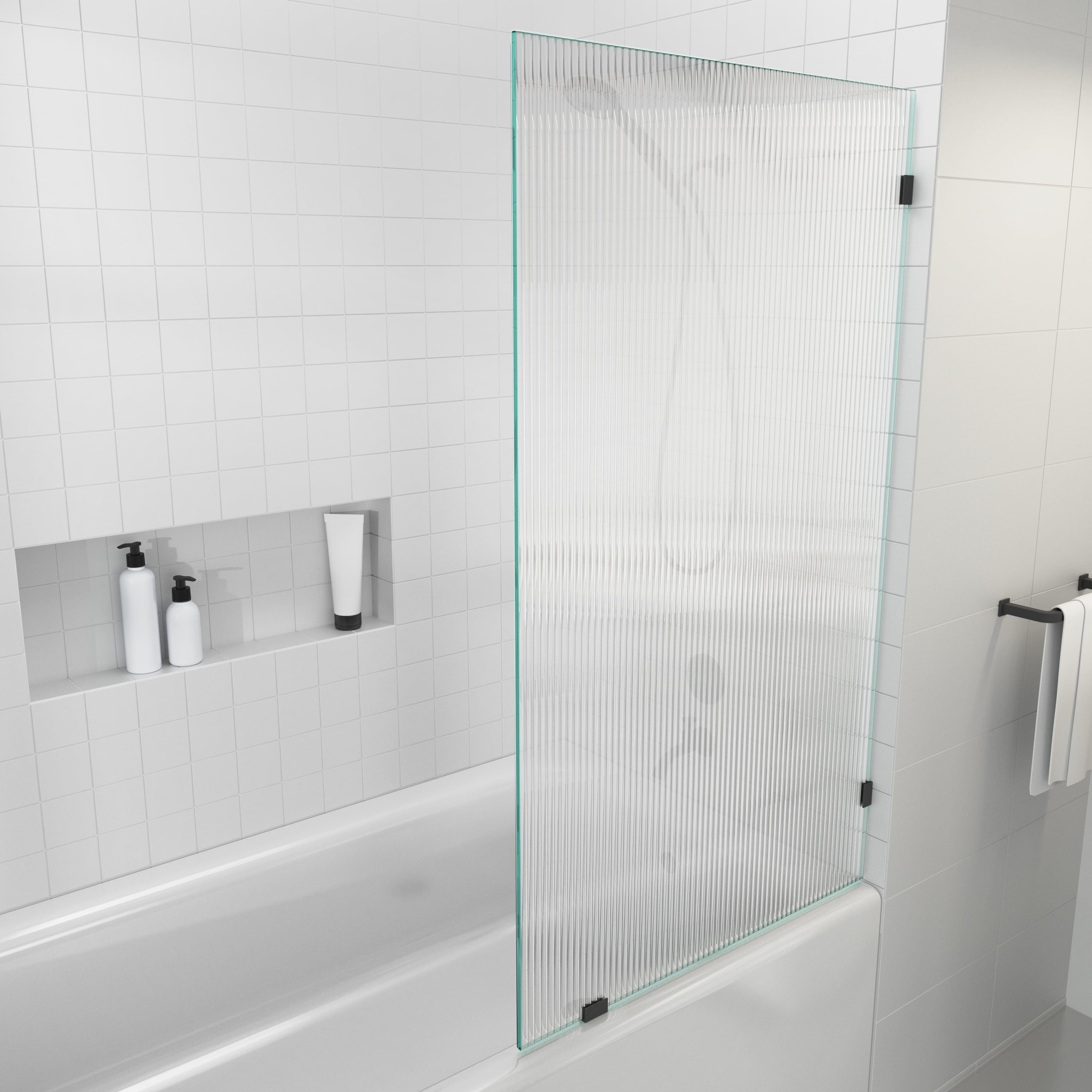 Gaia 34" x 58.25" Frameless Fluted Glass Bath Panel with Matte Black Hardware