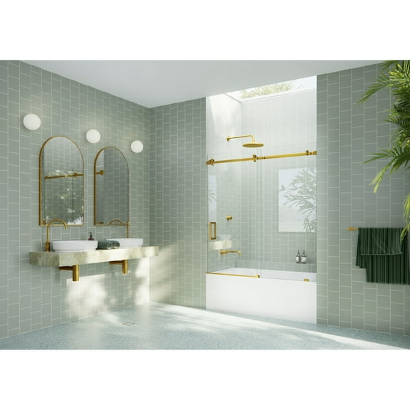 Glass Warehouse  52 in. - 56 in. x 60in. Frameless Bath Tub Sliding Shower Door with Square Hardware Satin Brass Satin