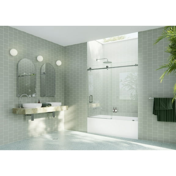 Glass Warehouse  56 in. - 60 in. x 60in. Frameless Bath Tub Sliding Shower Door with Square Hardware Polished Chrome Chrome Finish
