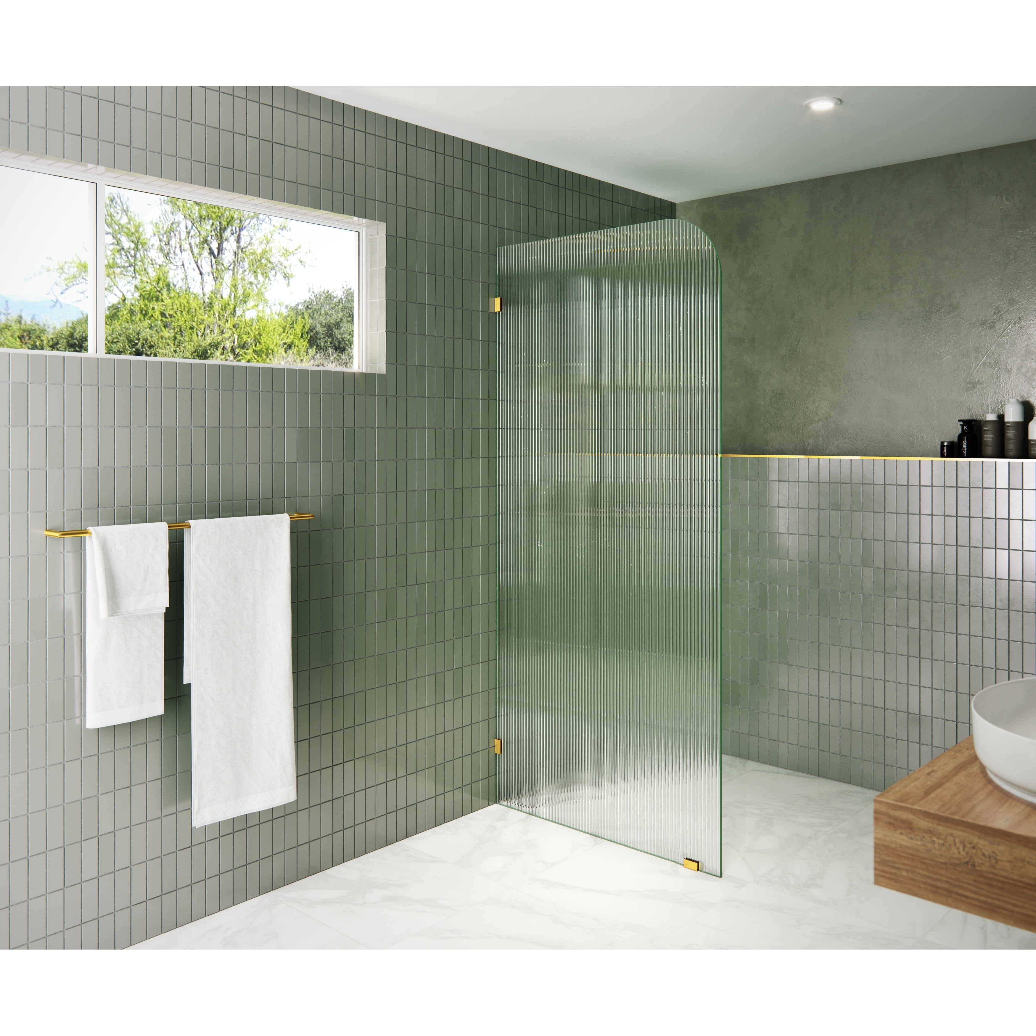 Aurora 34" x 78" Fluted Frosted Glass Frameless Shower Panel with Satin Brass Hardware